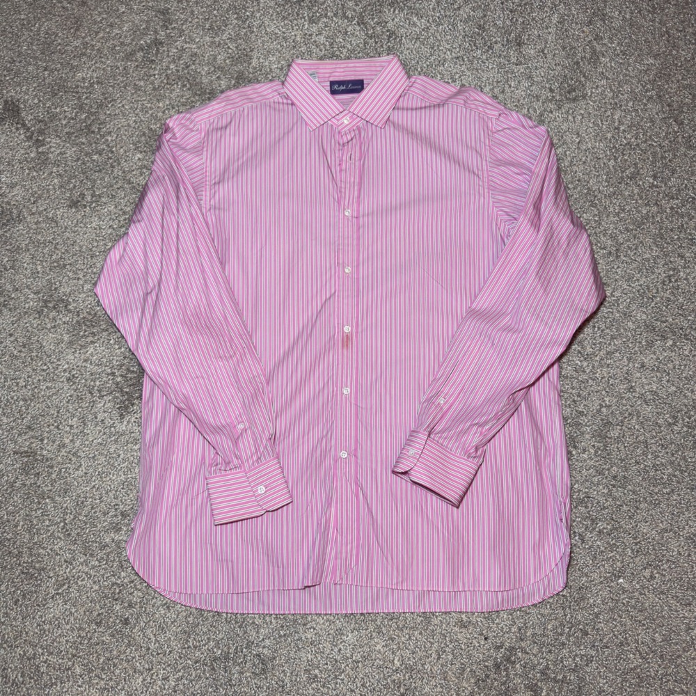 Ralph Lauren Purple Label Men 17.5 Pink Stripe Cotton Dress Shirt Italy XXL POLO
